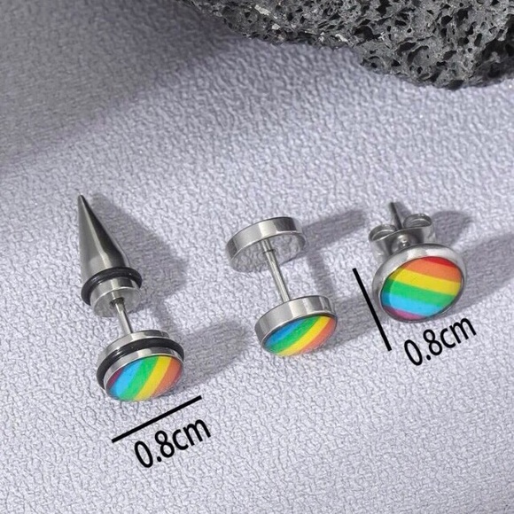 🌈PRIDE 3 Pc Set Men’s/Unisex Stainless Steel Rainbow Round Stud Earrings NWT - Picture 3 of 3